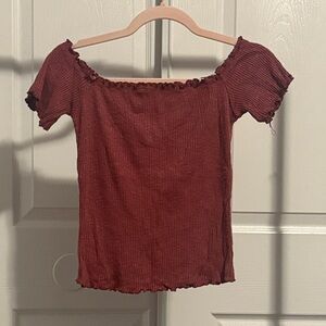 Better Be Ruffled Off-Shoulder Crop Top in Burgundy